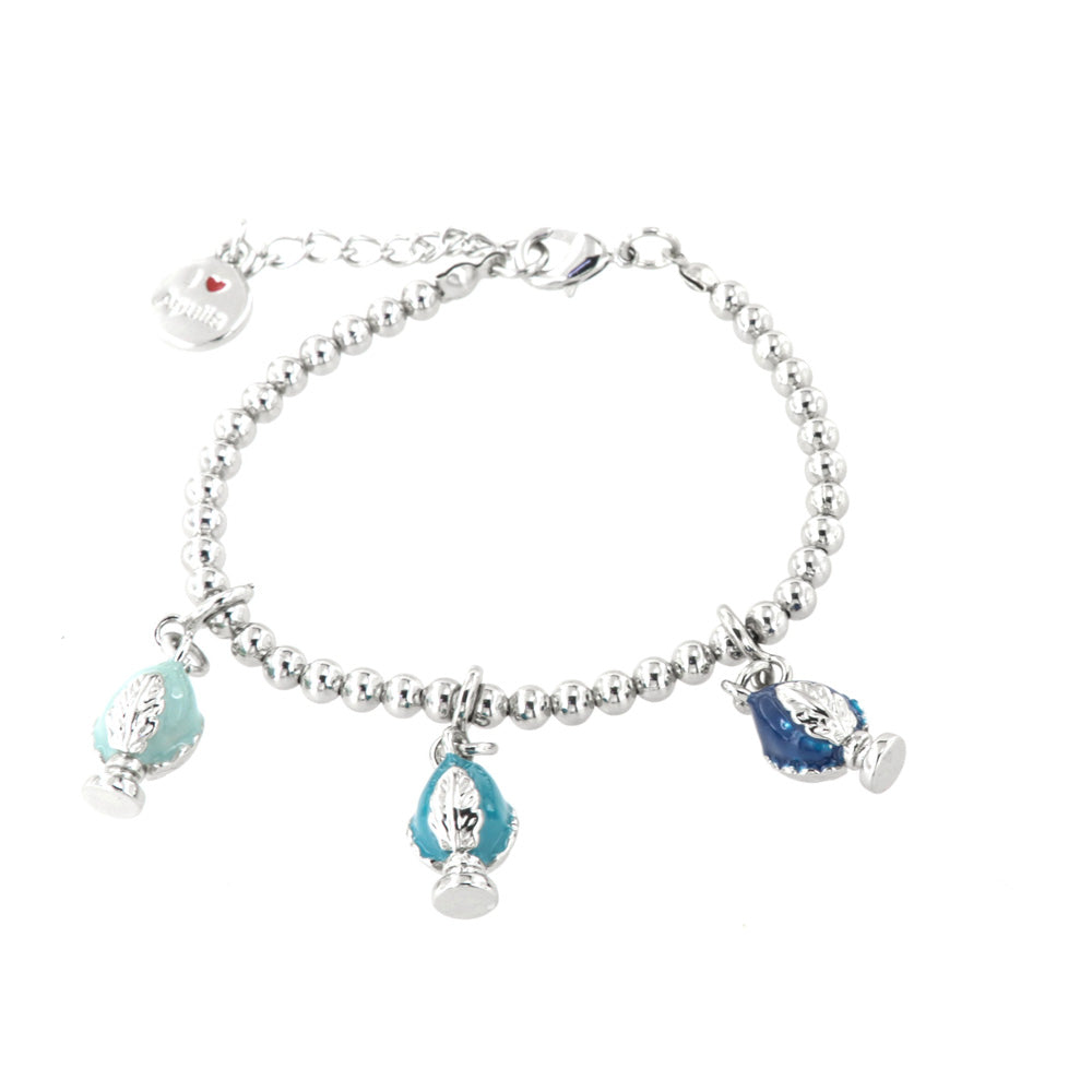 Metal bracelet with pending Apulian pumas, embellished with colored glazes