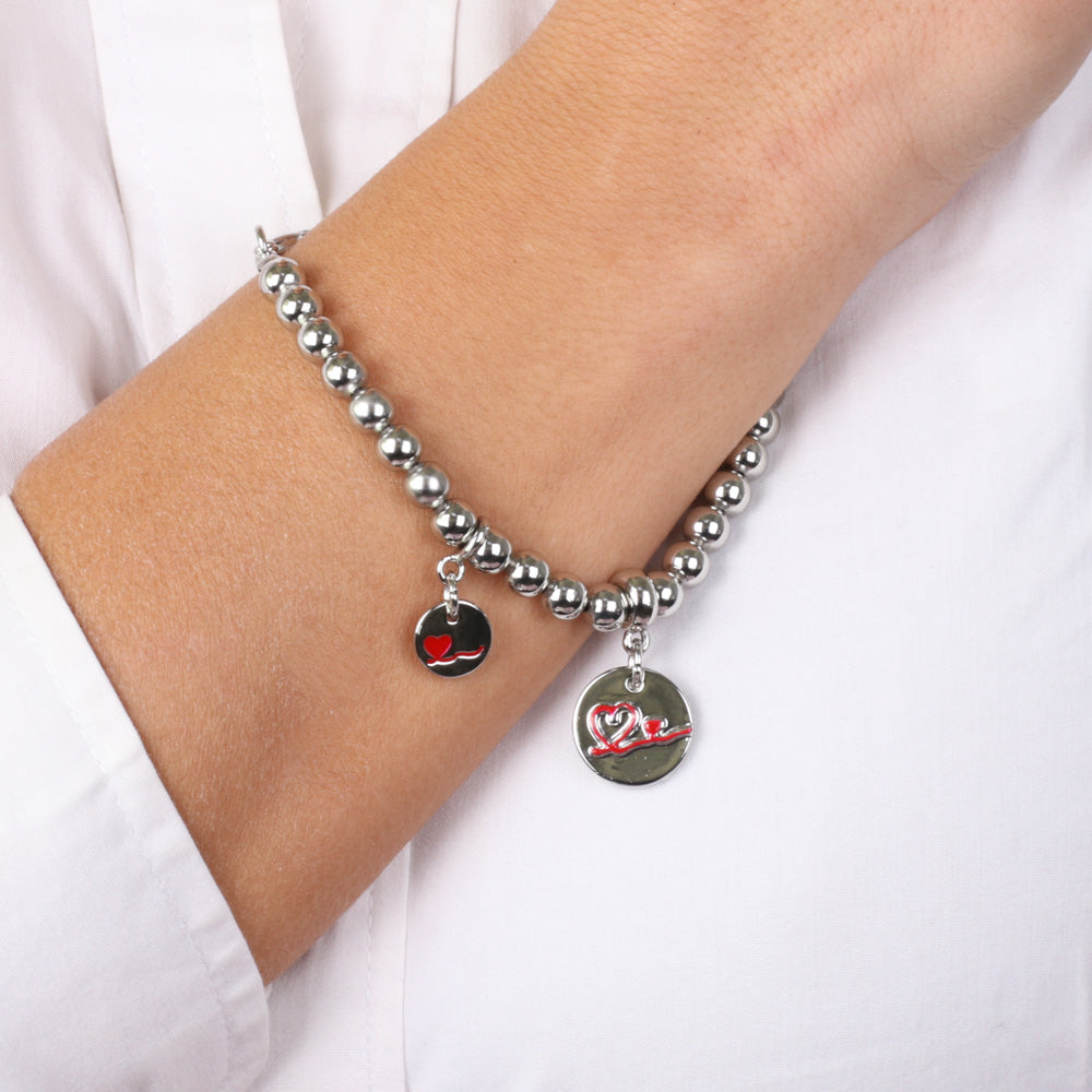 Metal bracelet spheres shirt, with pendant heart embellished with a red heart enamel design