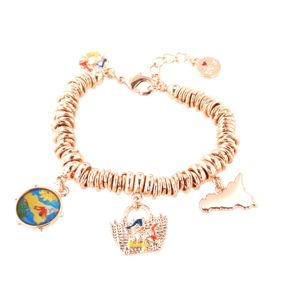 Metal bracelet with rings with Sicilian Coffa, Tambourine and Sicily pending