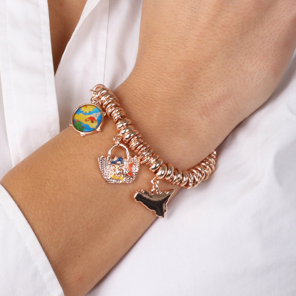 Metal bracelet with rings with Sicilian Coffa, Tambourine and Sicily pending