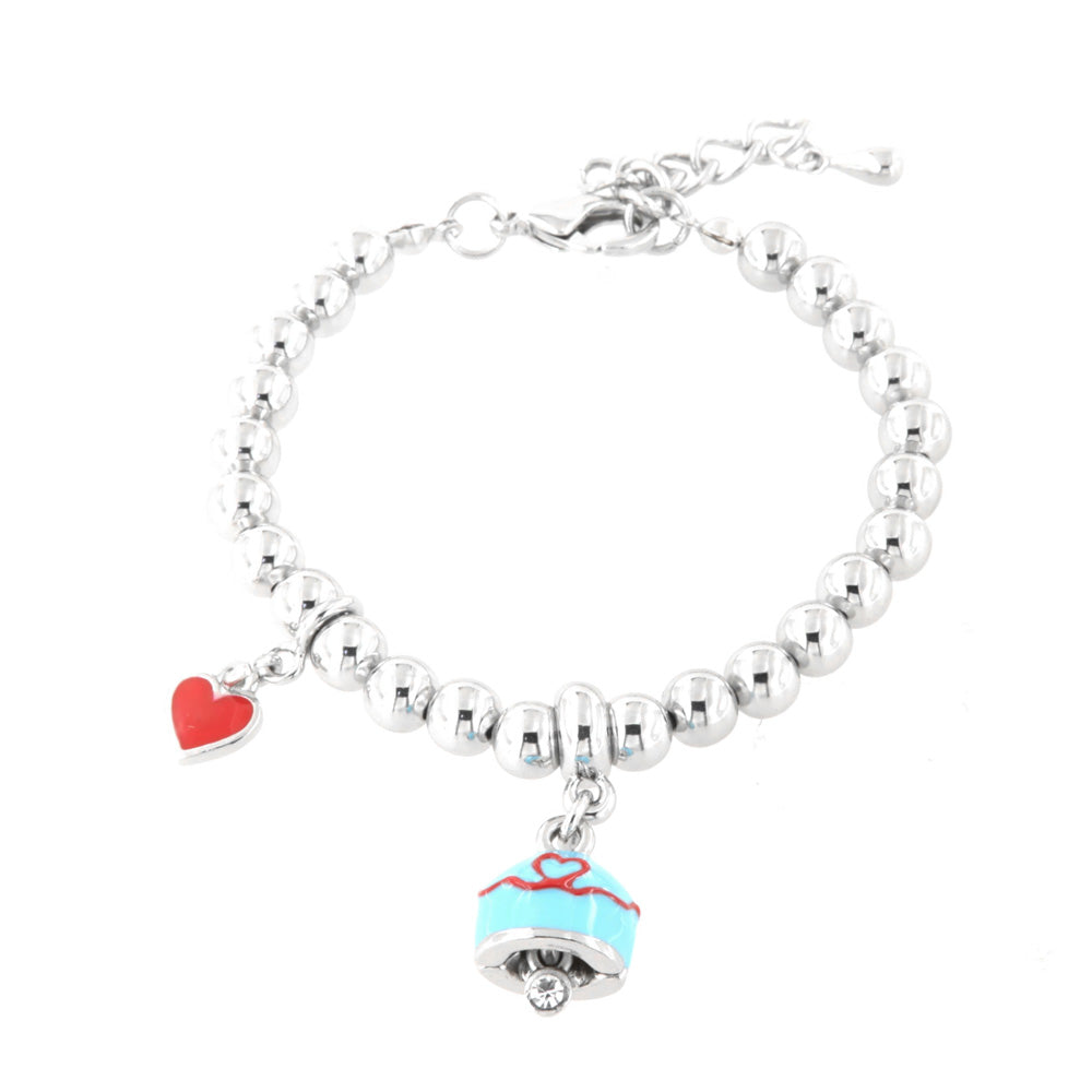 Metal bracelet with turquoise bell and red thread with heart