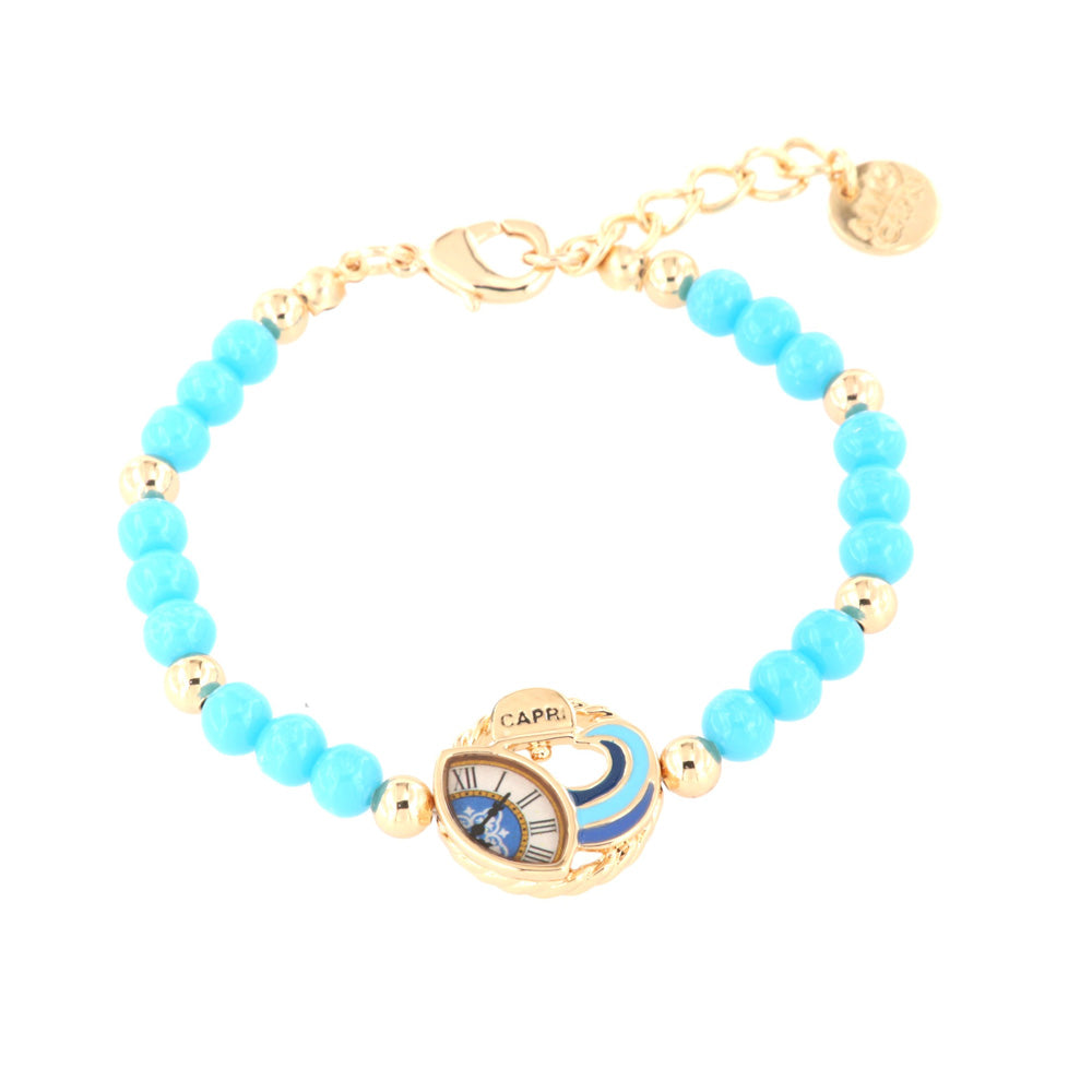 Metal bracelet with turquasins and central Capri clock embellished with colored glazes