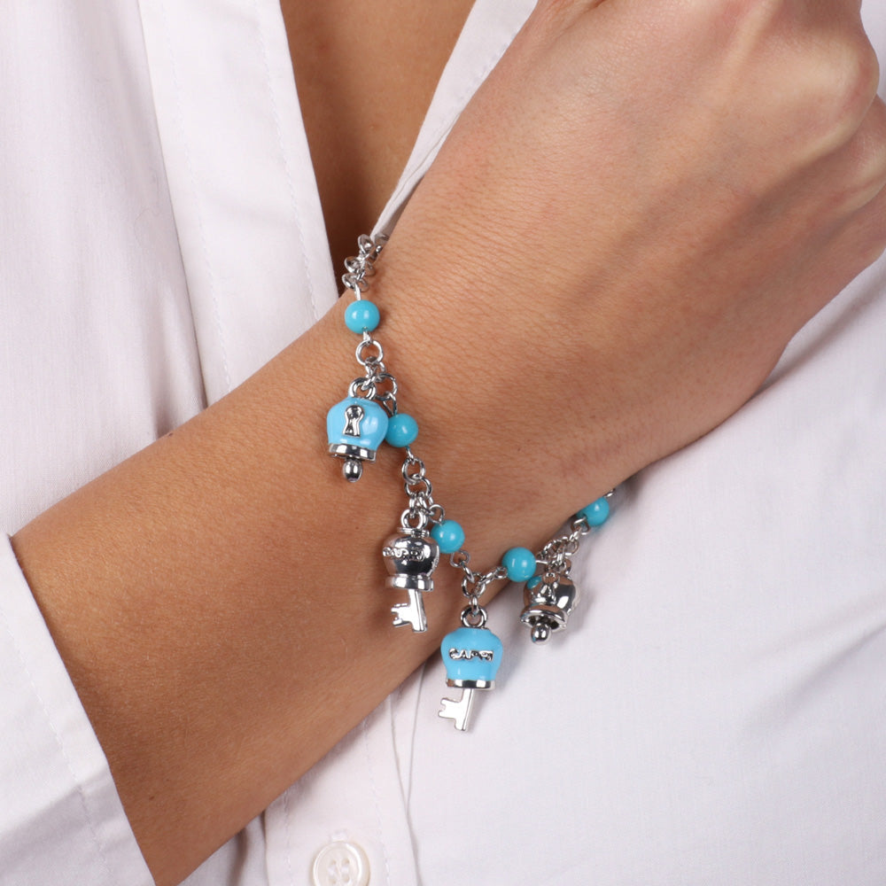 Metal bracelet roller jersey with Turchesini, charms padlock with bell and key embellished with enamel