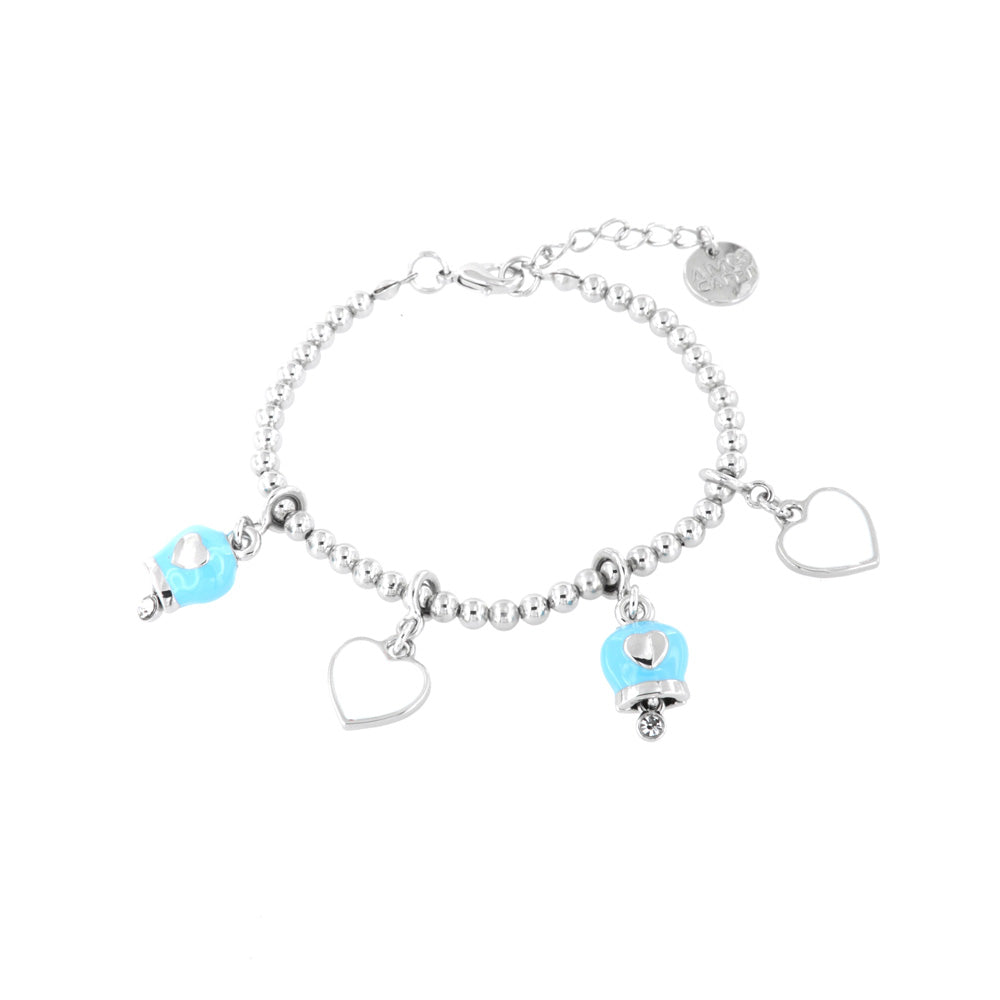 Metal bracelet with pending pendants in the shape of a heart and bell embellished with white and turquoise nail polish