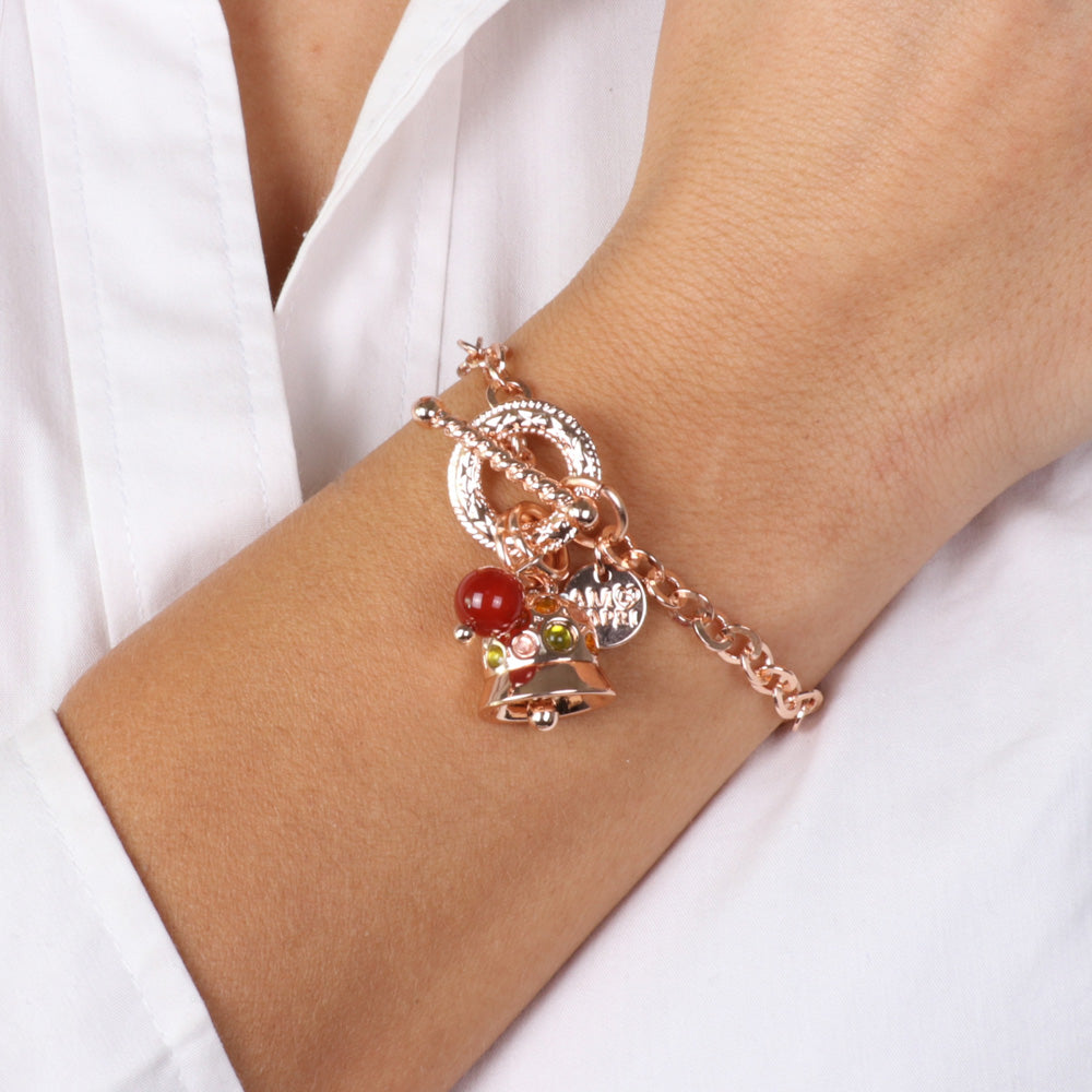 Campanella metal bracelet with multicolored crystals and red coral bead