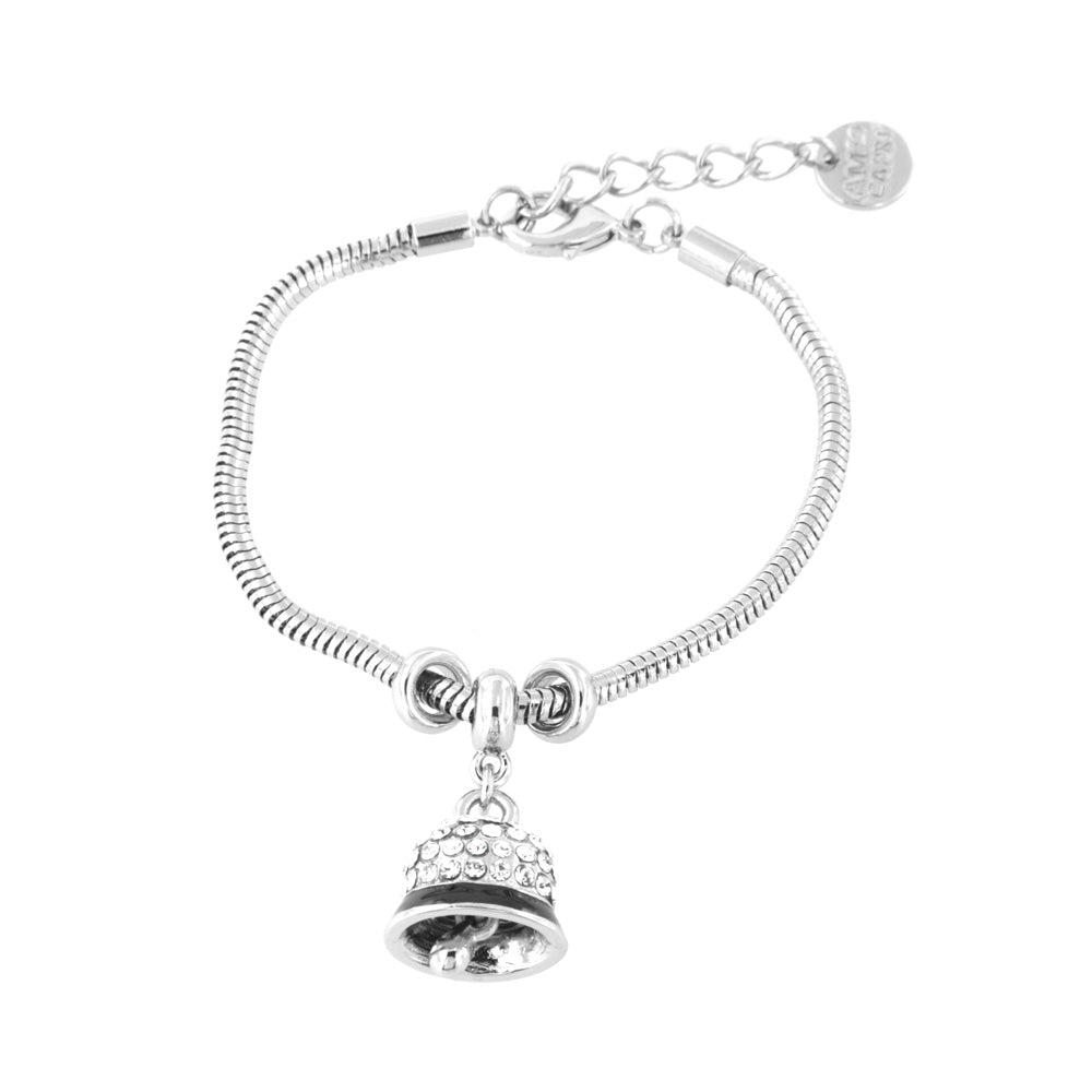 Metal bracelet with bell embellished with white crystals and black enamel, mouse tail shirt.