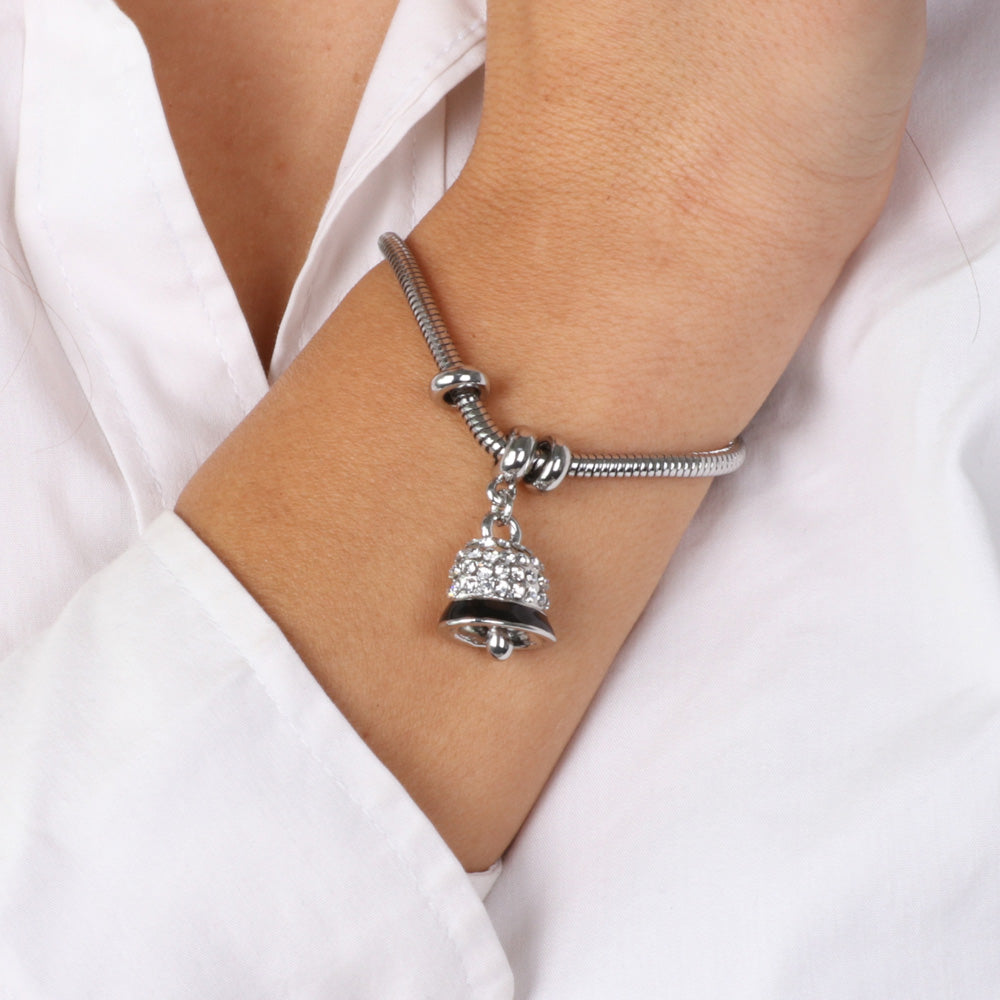Metal bracelet with bell embellished with white crystals and black enamel, mouse tail shirt.