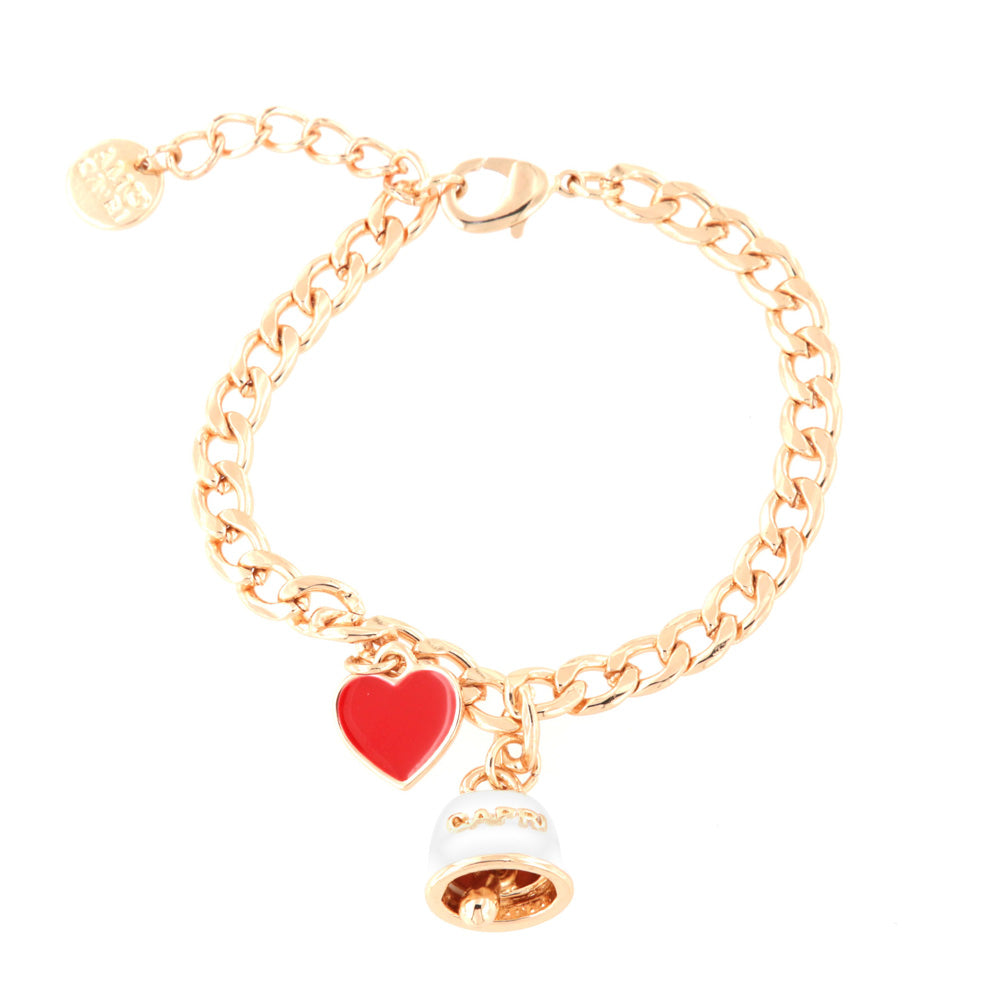 Metal bracelet shirt grumeta crushed, with bell embellished with white nail polish and pendant red heart.