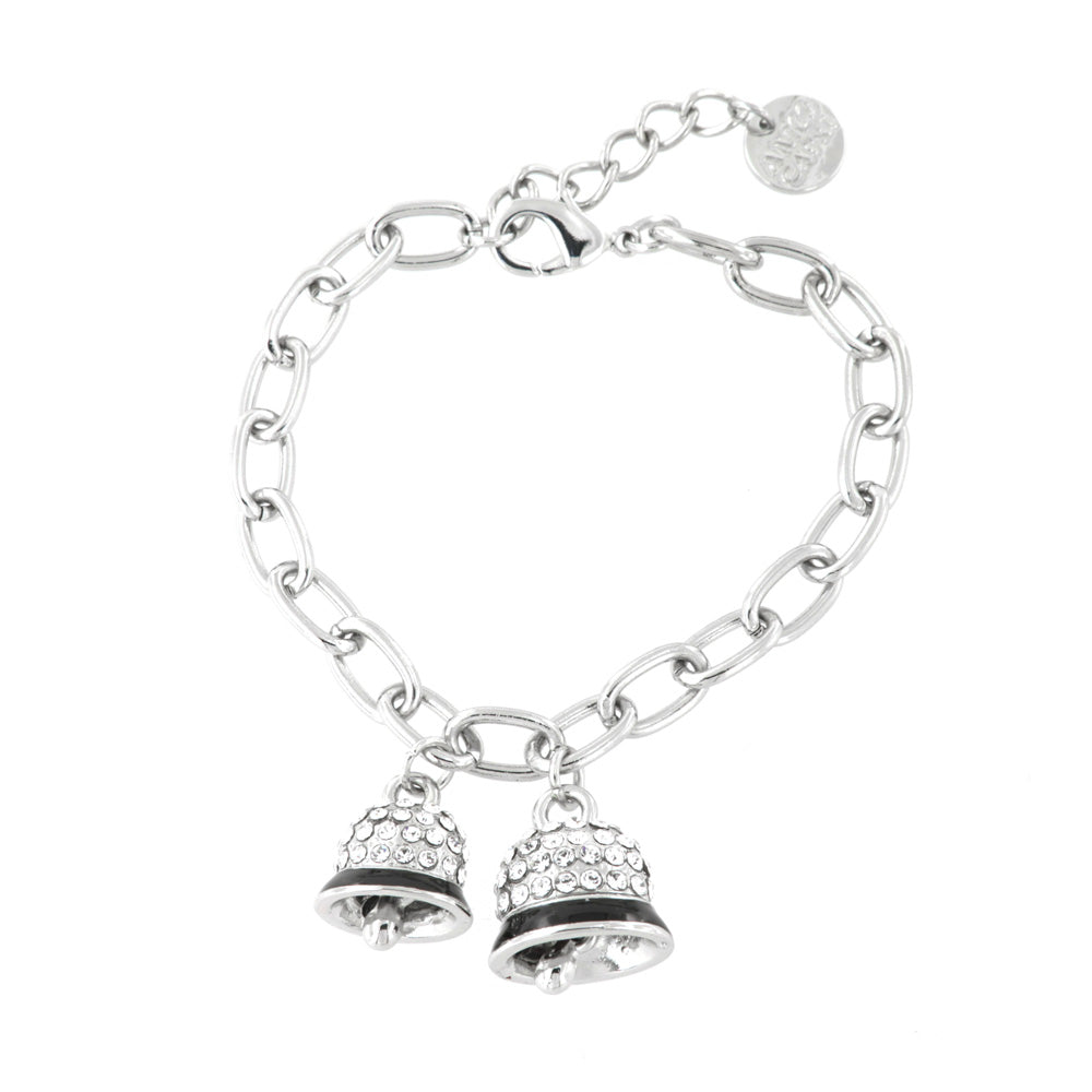 Metal bracelet chain shirt, with double pending bell, embellished with crystals and black enamel lines