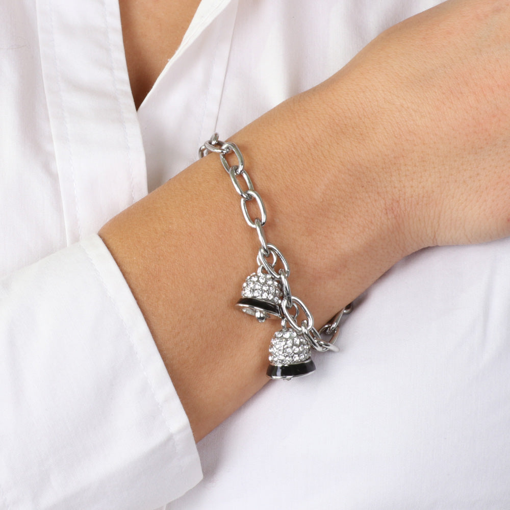 Metal bracelet chain shirt, with double pending bell, embellished with crystals and black enamel lines