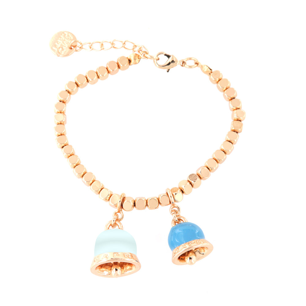 Metal bracelet in cubes, with pending bells embellished with enamels in the colors of turquoise