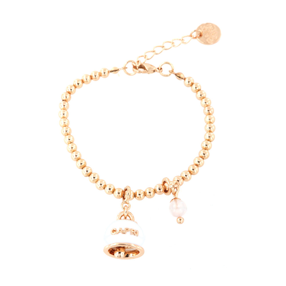Metal bracelet spherical jersey, with Caprese bell embellished with white enamel and pendant bead