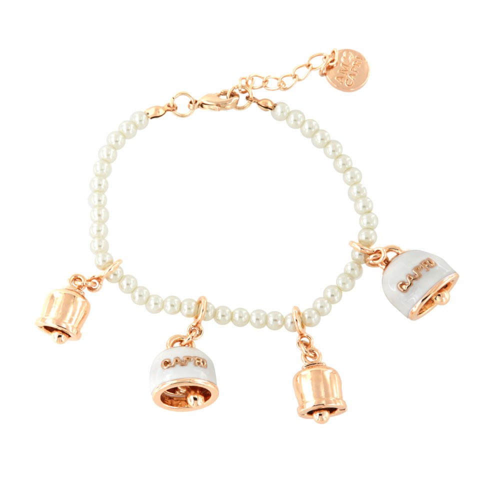 Metal bracelet shirt beads, with charms charming bells, imprinted by white enamel