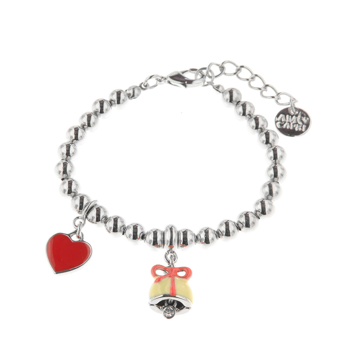 Metal bracelet yellow bell pendant with bow and red heart