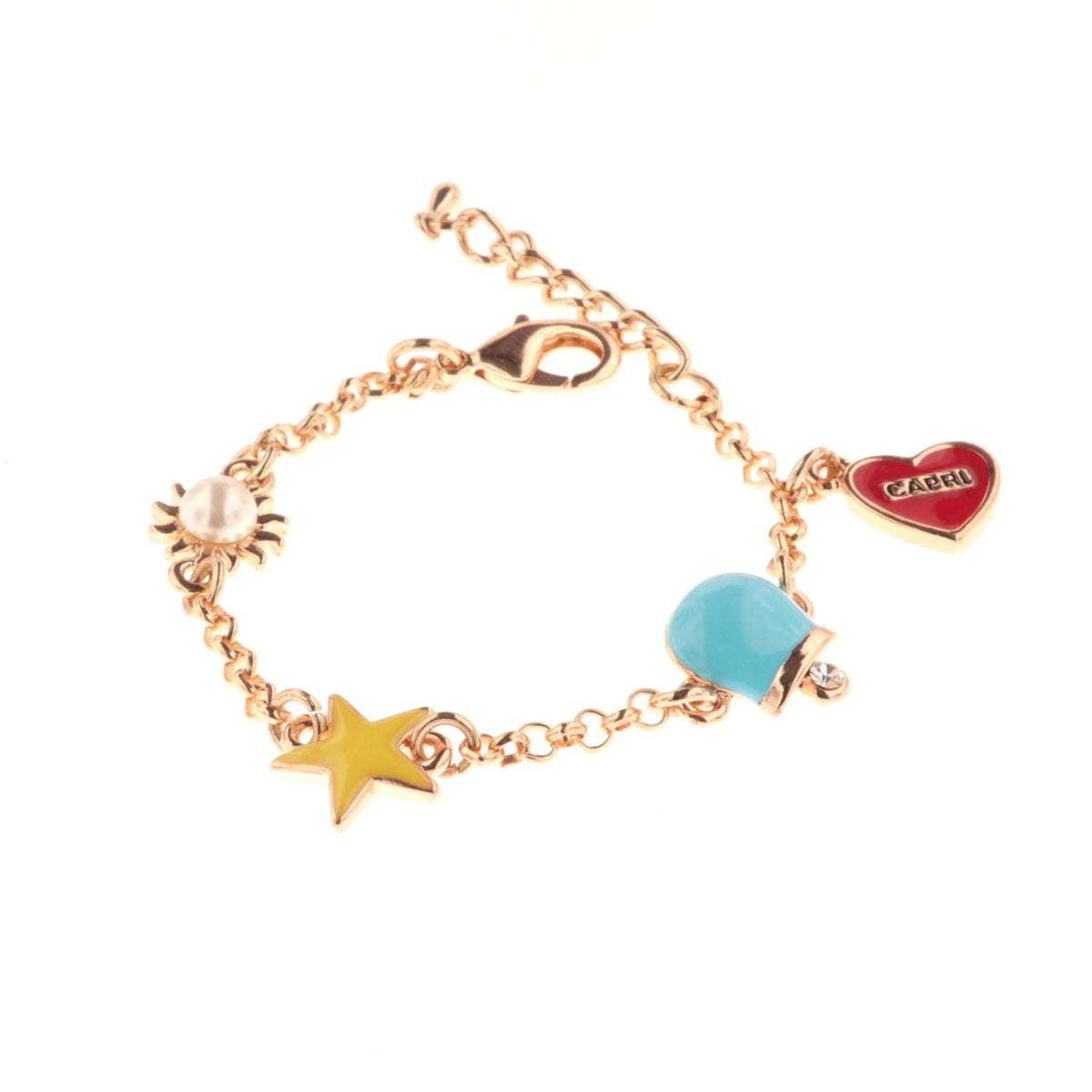 Metal bracelet with charming bell, heart with capri writing and sun with white pearl