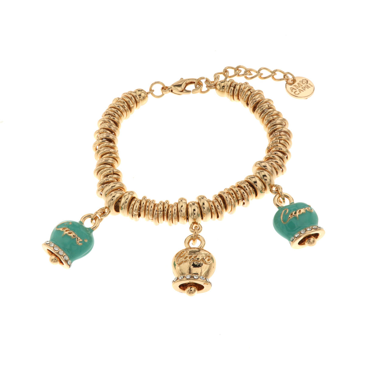 Metal bracelet with three pending bells with Capri writing and white crystals
