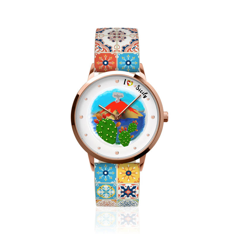 Analog metal watch with a dial embellished with Etna and Fico d'Ondia drawing, colored majolica printed shirt