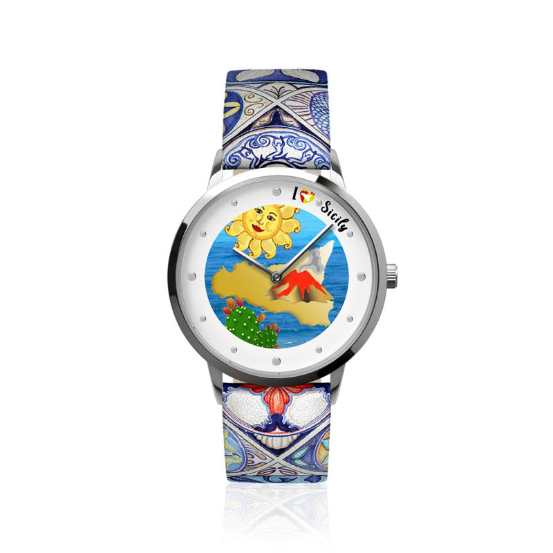 Analog metal clock with dial of the island of Sicily, prickly pear, sun and colored majolica