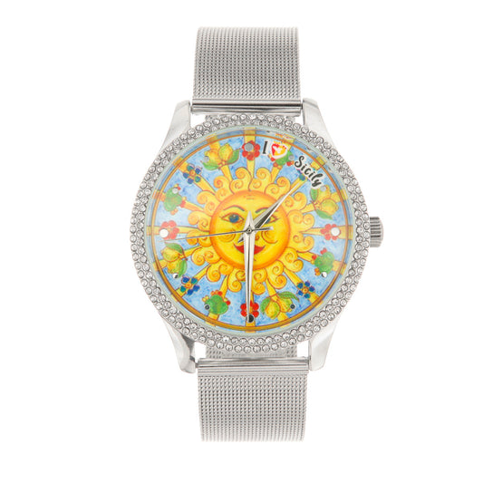 Analog metal clock dial embellished with Sicilian symbols and white crystals