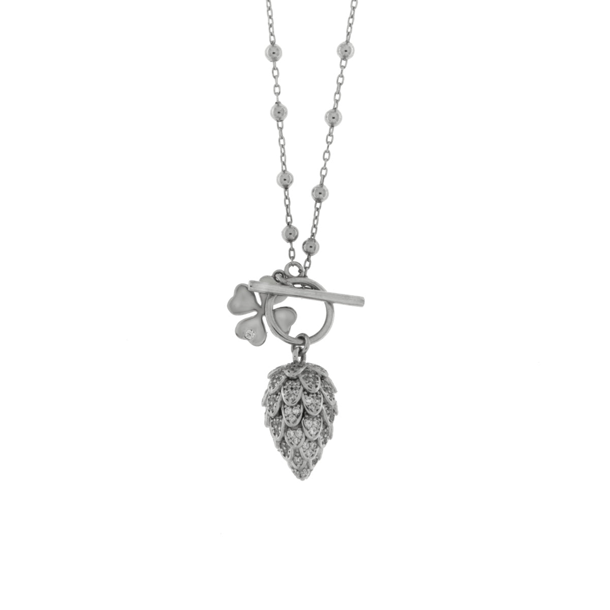 Collana in Argento 925 con pigna pendente, pavè di zirconi bianchi e quadrifoglio con punto luce