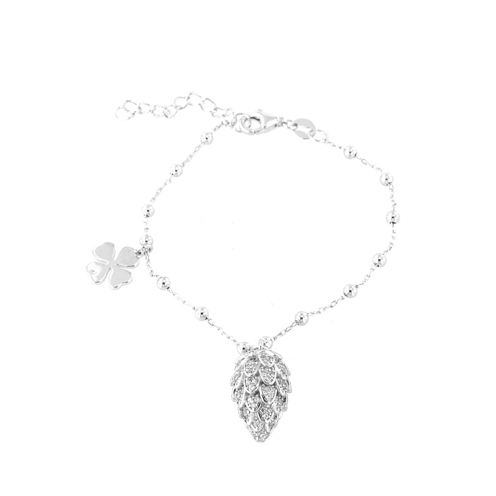 Bracciale in Argento 925 ciondolo pigna con zirconi bianchi e quadrifoglio
