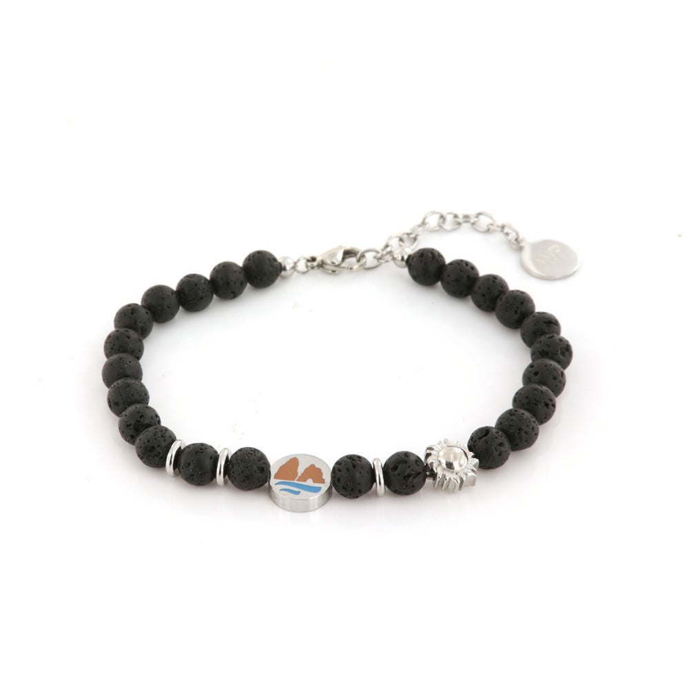 Bracciale in Acciaio con pietre lavica con faraglioni e piccolo sole bianco