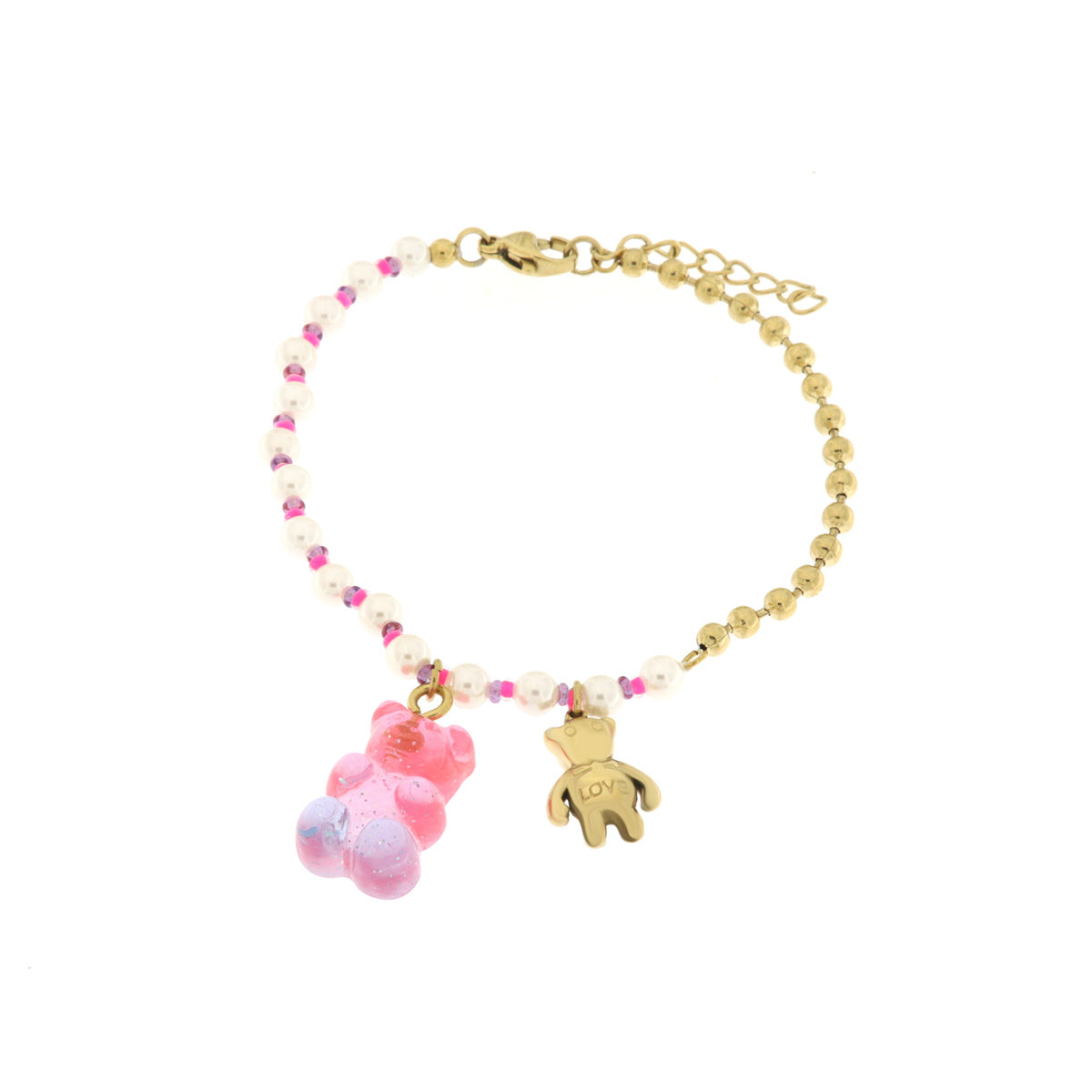 Steel bracelet with teddy bears and pink stones