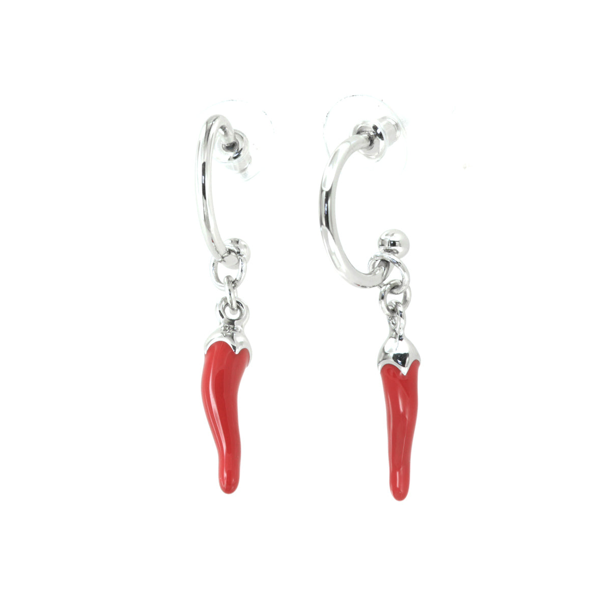 Orecchini in Metallo cerchietto con cornetto pendente in smalto rosso