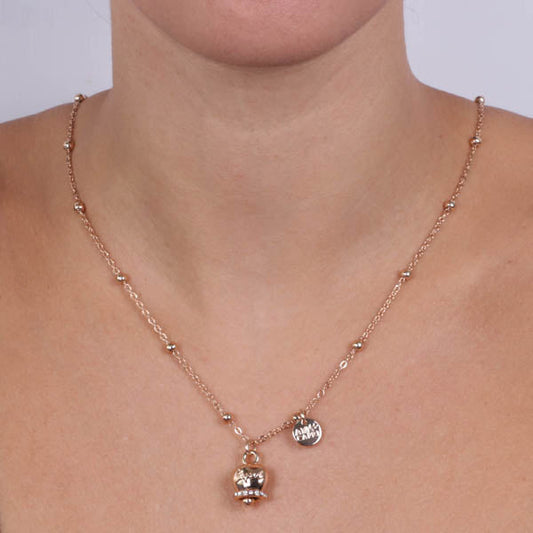 Metal necklace with pendant lucky bell embellished with white crystals and Capri writing in relief