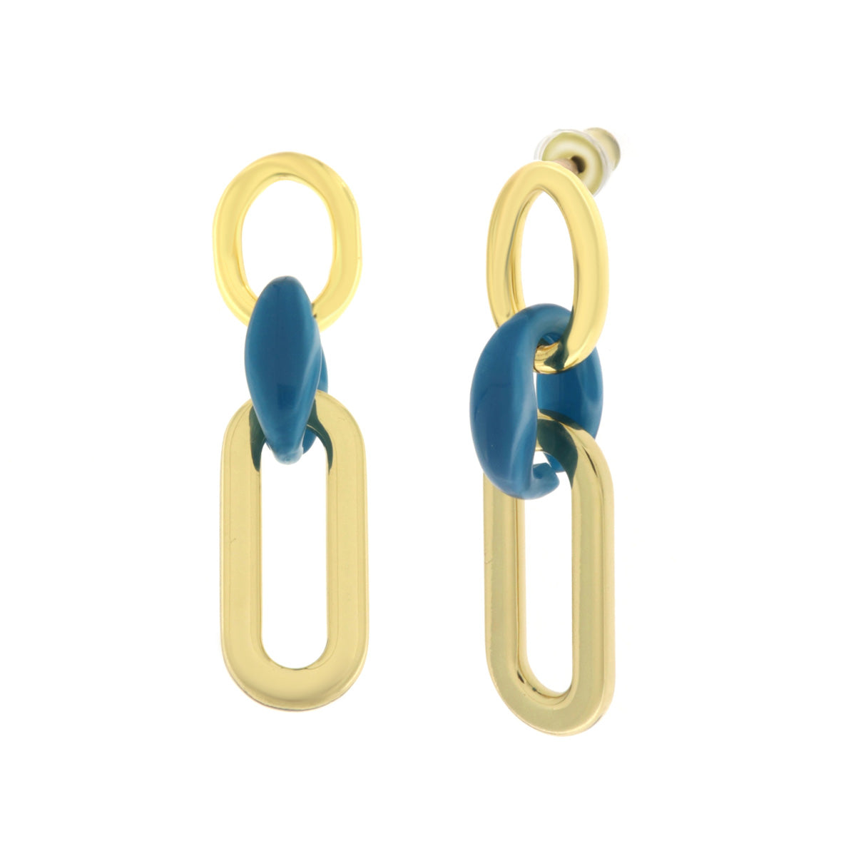 Metal earrings with blue rectangular chains