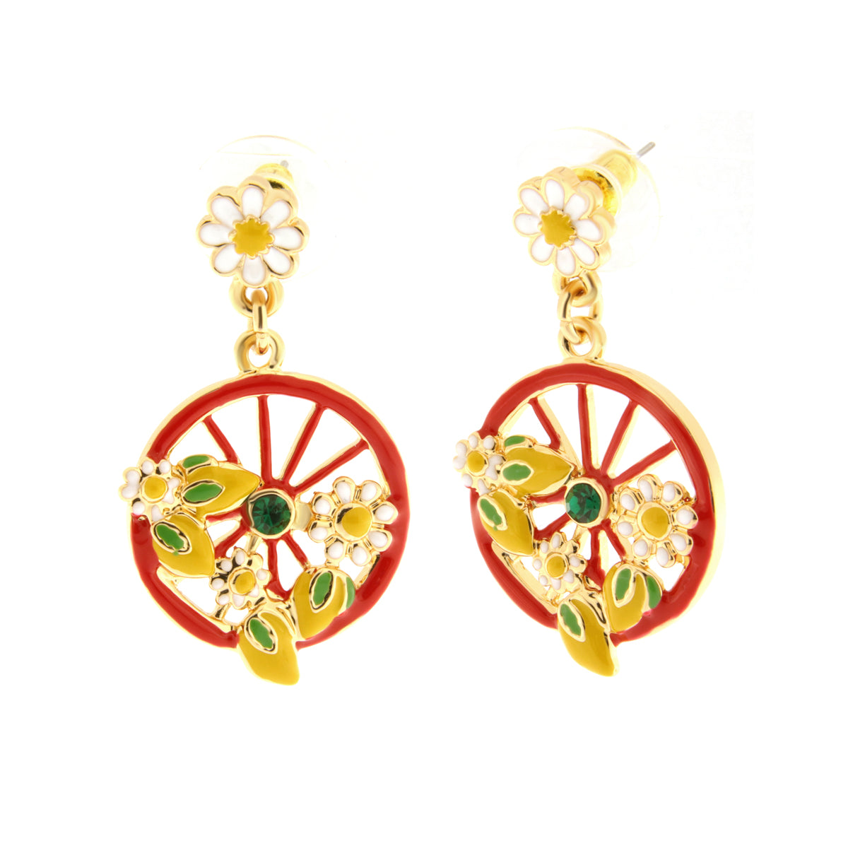 Metal earrings with red wheel embellished with lemons and flowers