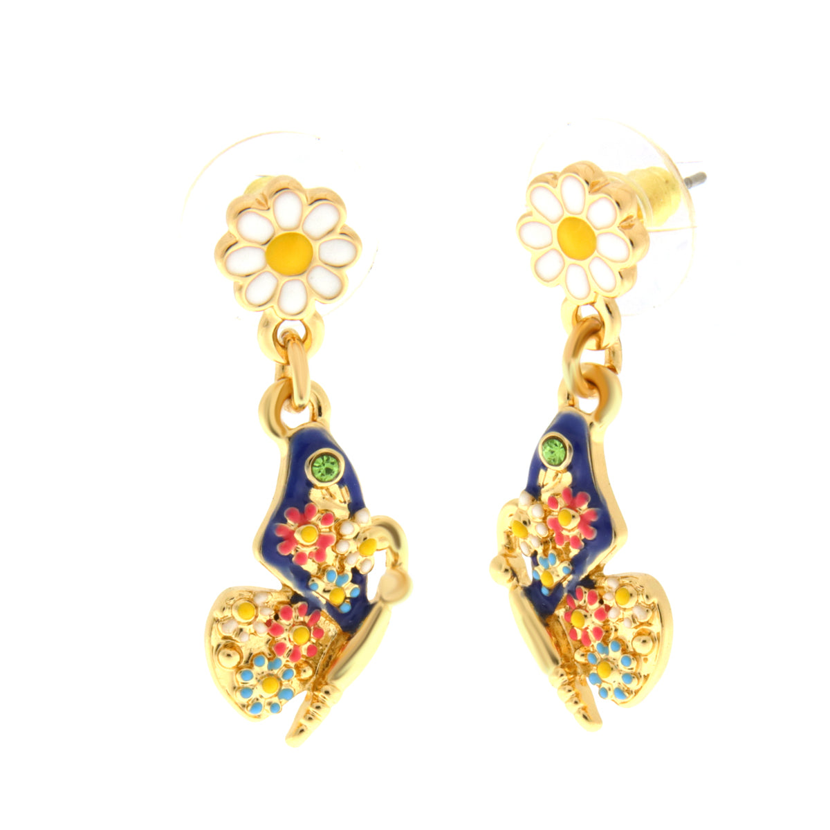 Metal earrings with colored butterfly and daisies