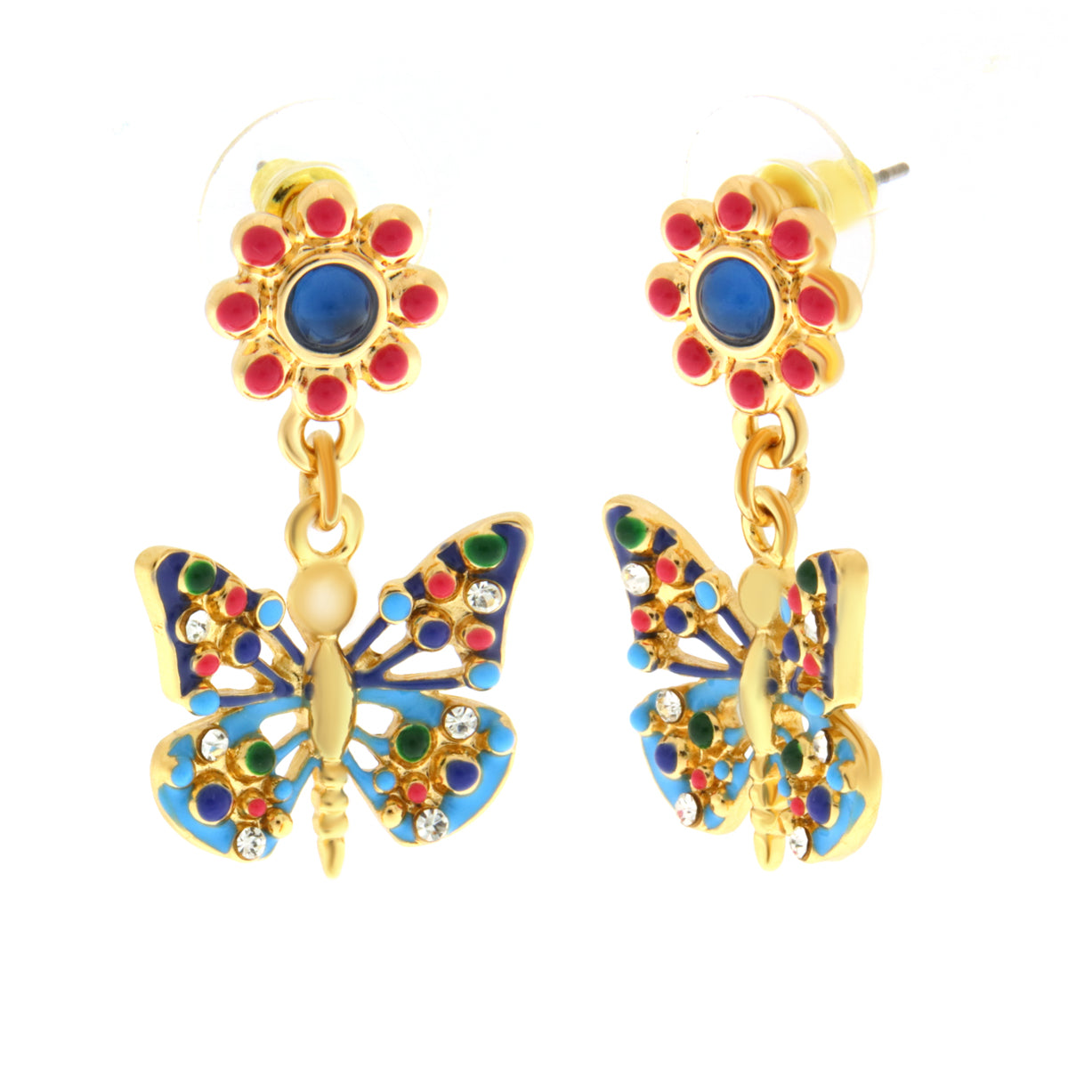 Metal earrings with blue butterfly and lobe flower