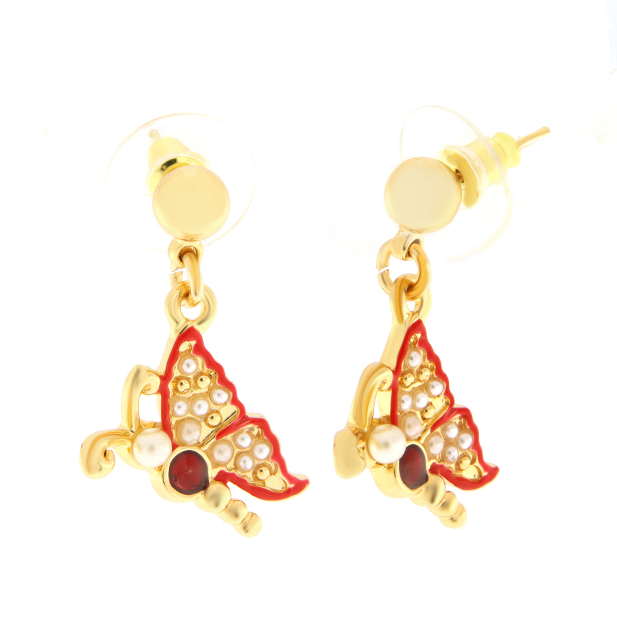 Metal earrings with red butterfly