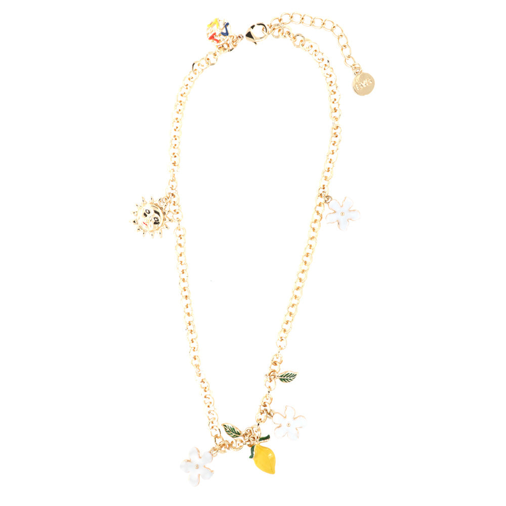 Collana in Metallo maglia rolò, con charms fiori e agrumi di Sicilia, impreziosita da smalti colorati