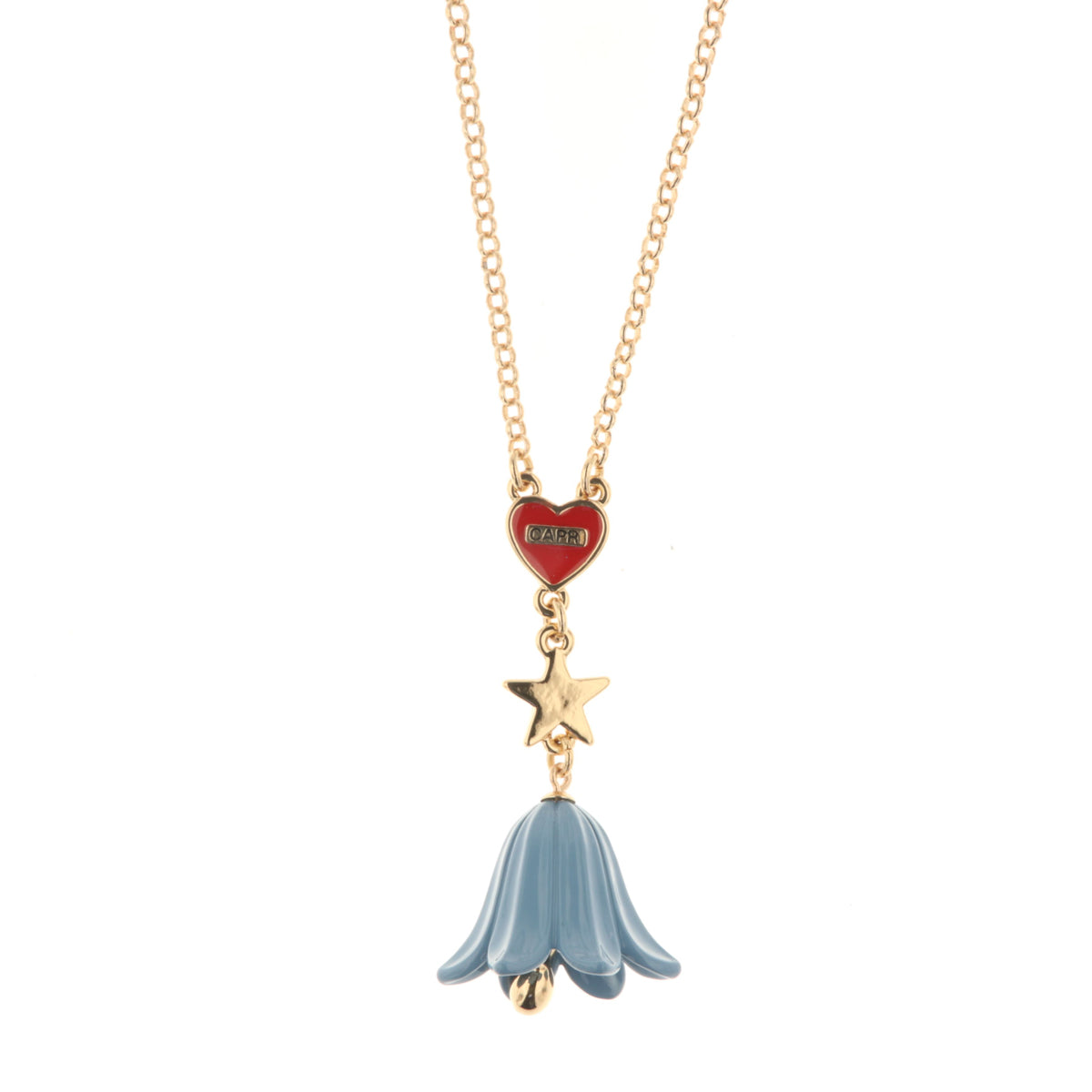 Collana in Metallo con cuore con scritta capri, stella e campanella a forma di campanula blu