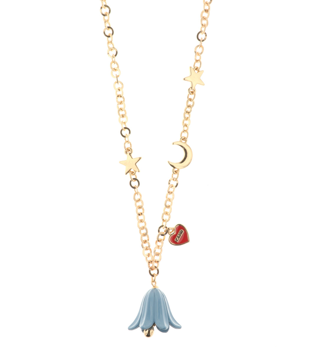 Collana in Metallo con luna, stelle, cuore con capri e campanella a forma di campanula blu
