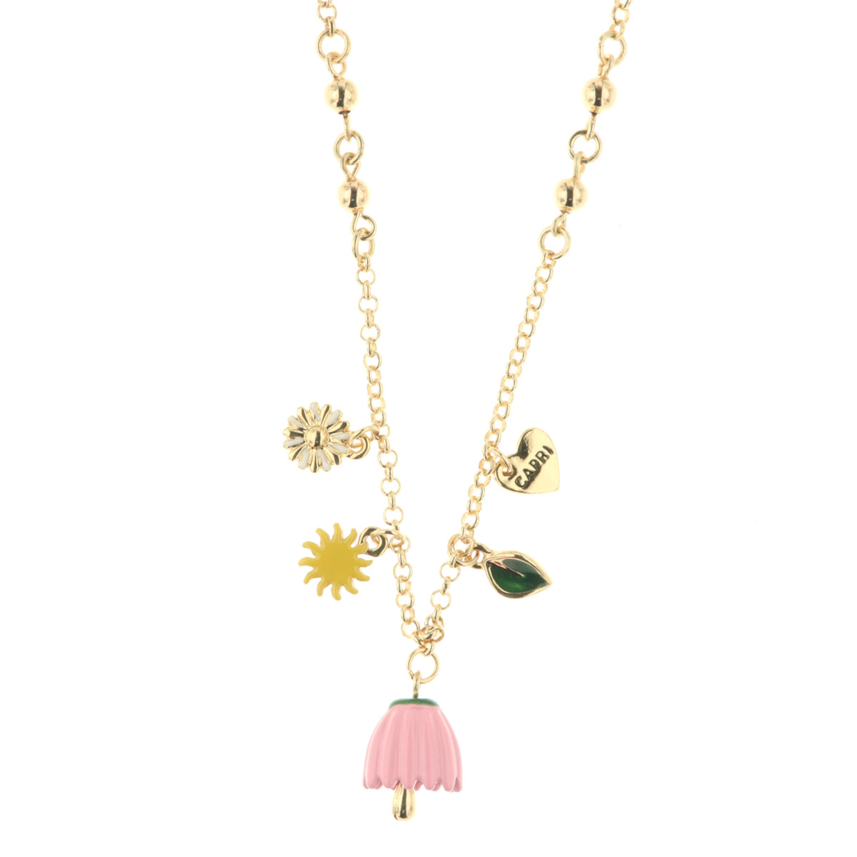 Collana in Metallo con campanella a forma di fiore rosa, sole e cuore con capri
