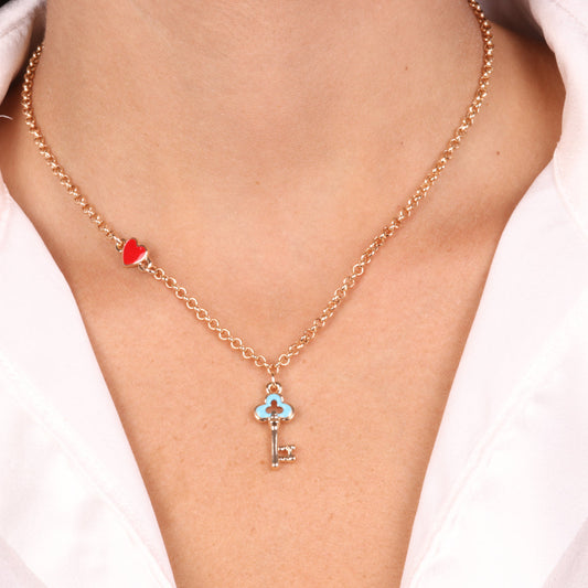 Collana in Metallo con chiave pendente in smalto blu