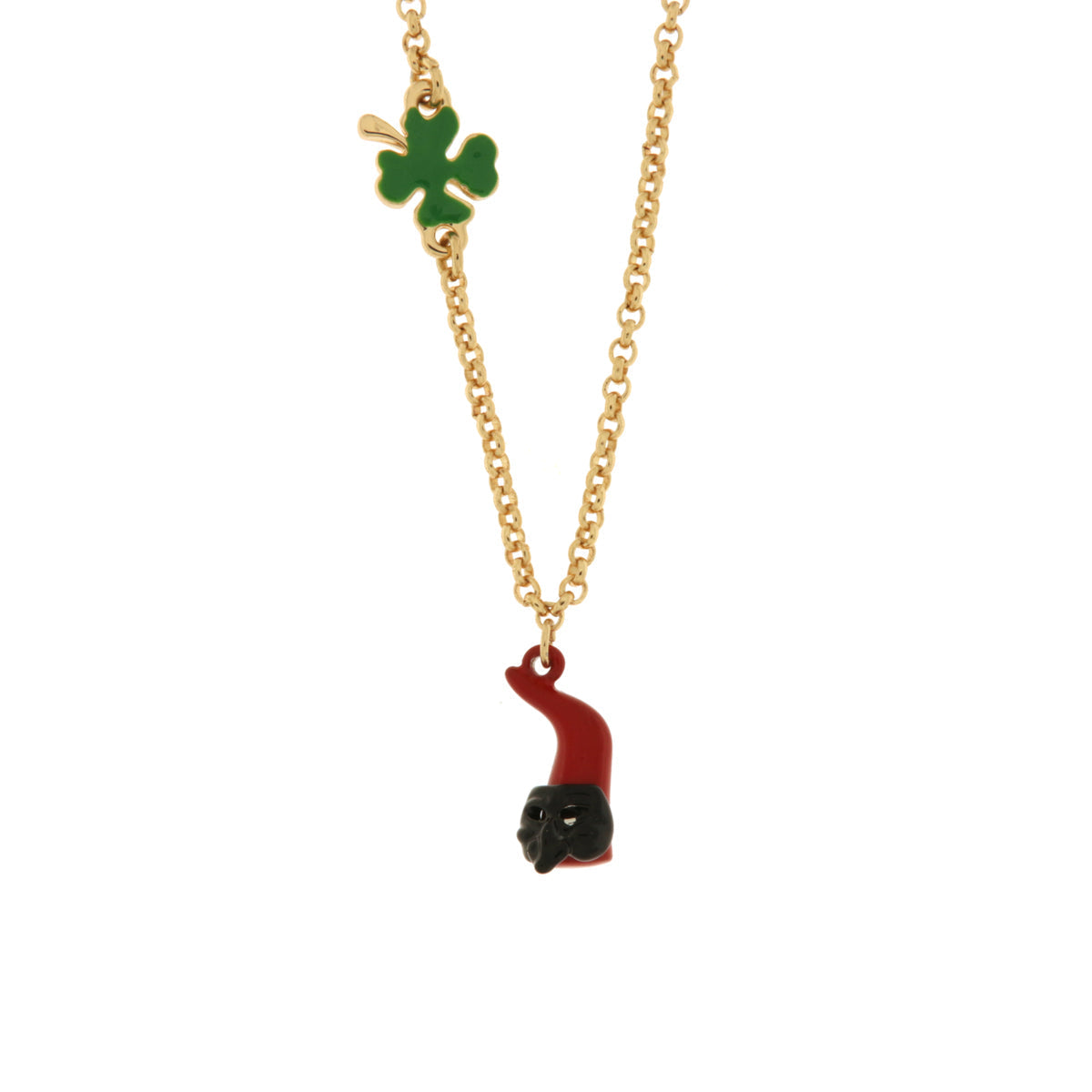 Collana in Metallo con cornetto portafortuna impreziosito da smalto rosso a forma di Pulcinella