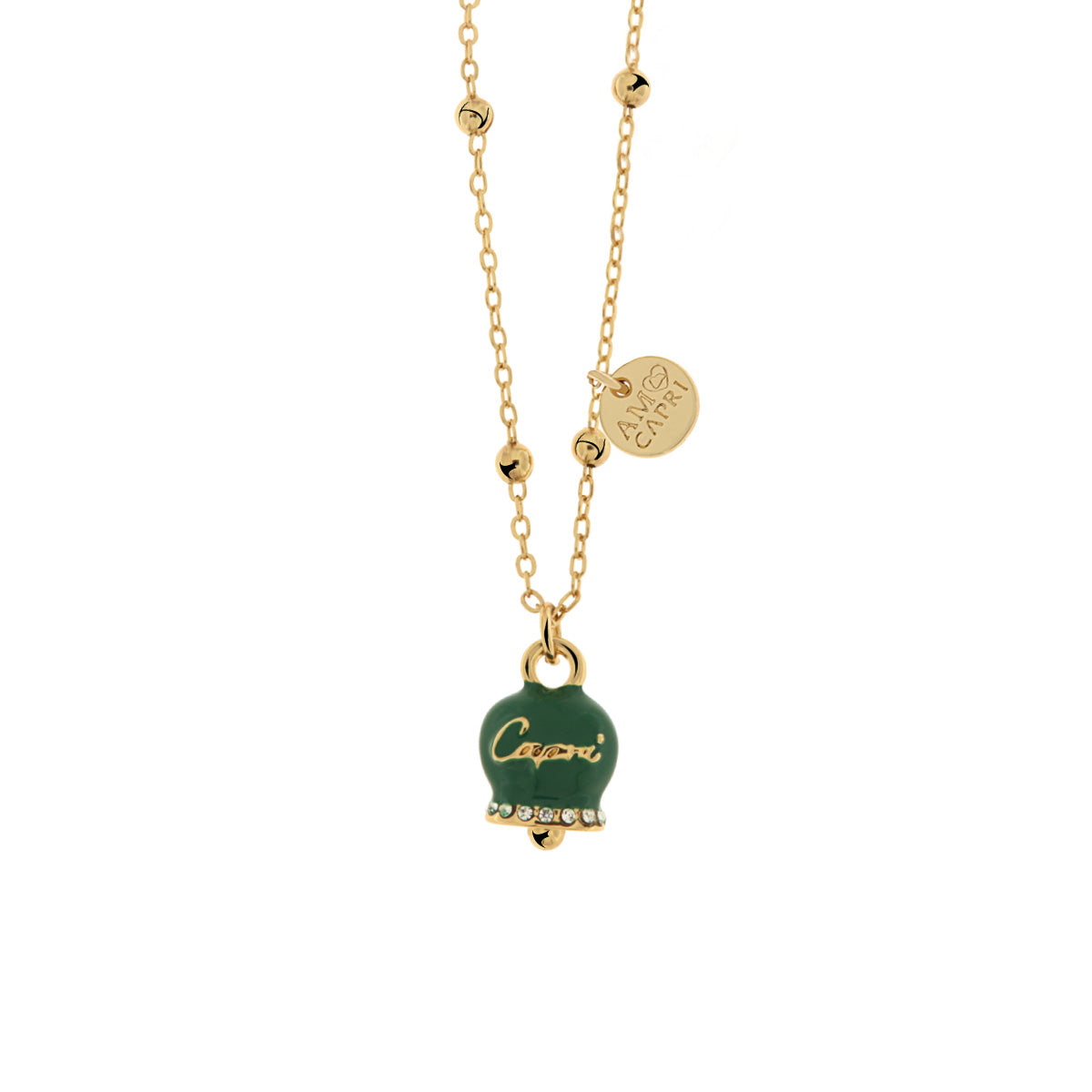 Collana in Metallo campanella portafortuna in smalto verde, con scritta Capri a rilievo e cristalli bianchi