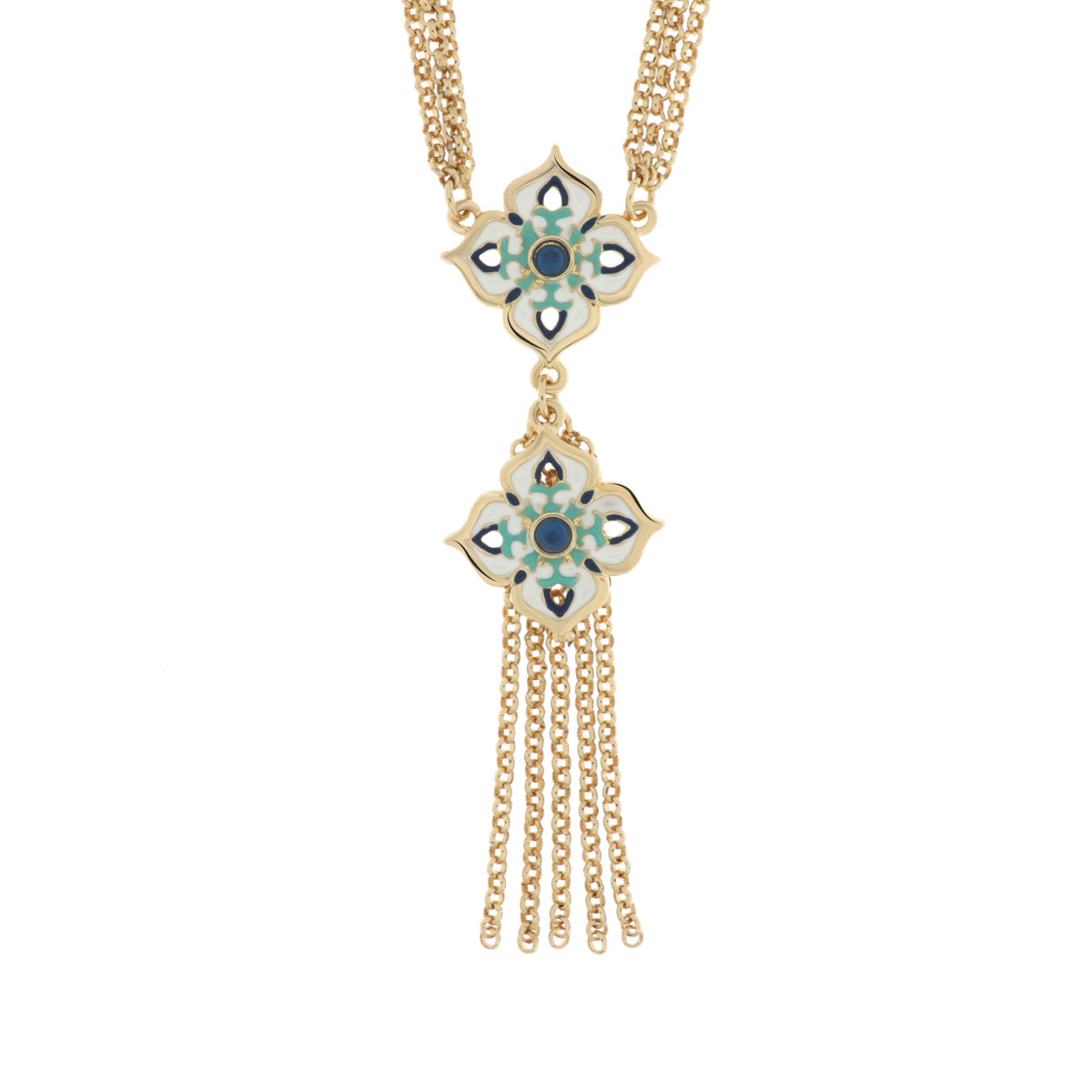 Collana in Metallo con maioliche colorate a forma di croce e frange pendenti