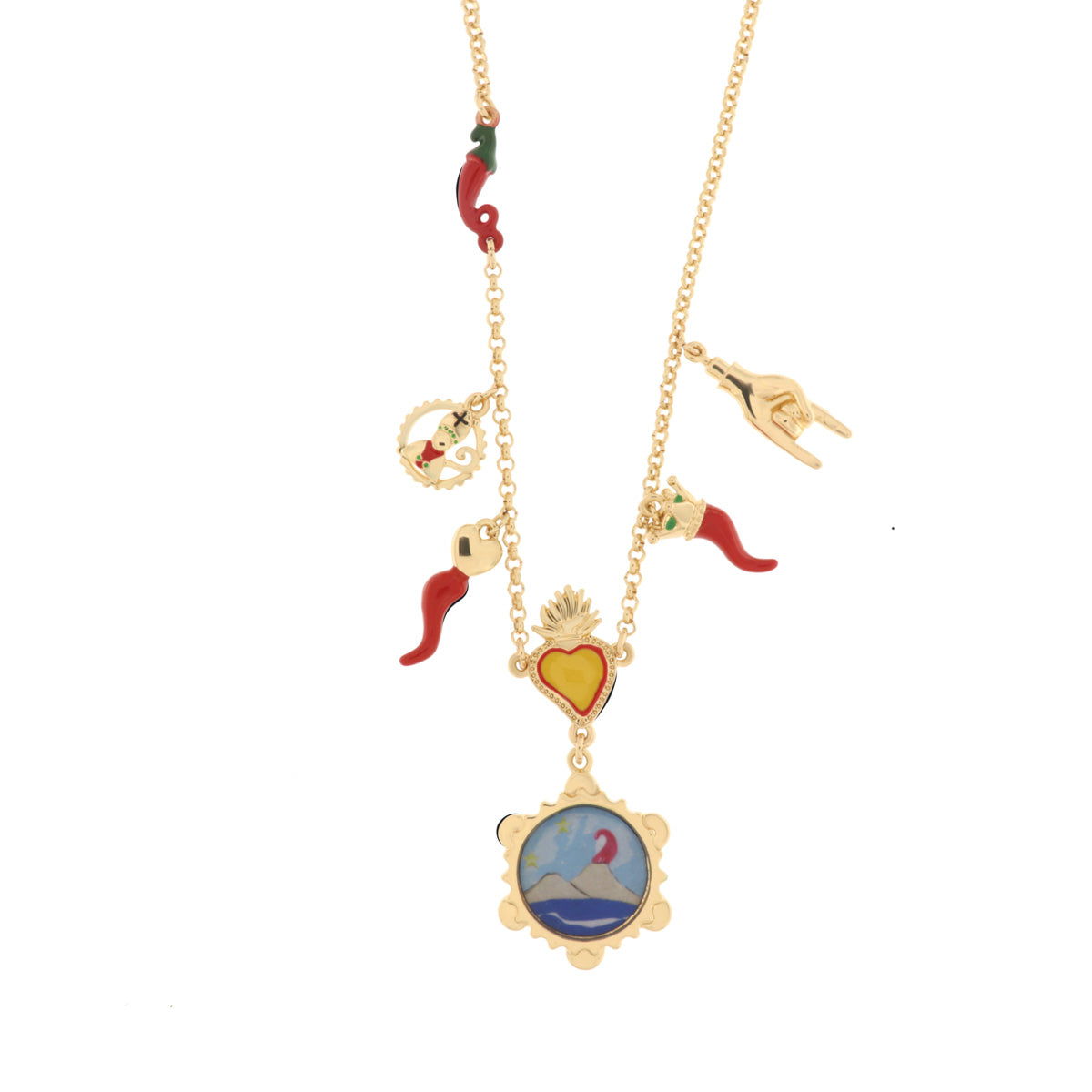 Collana in Metallo con cornetti, cuore sacro, corna e Vesuvio