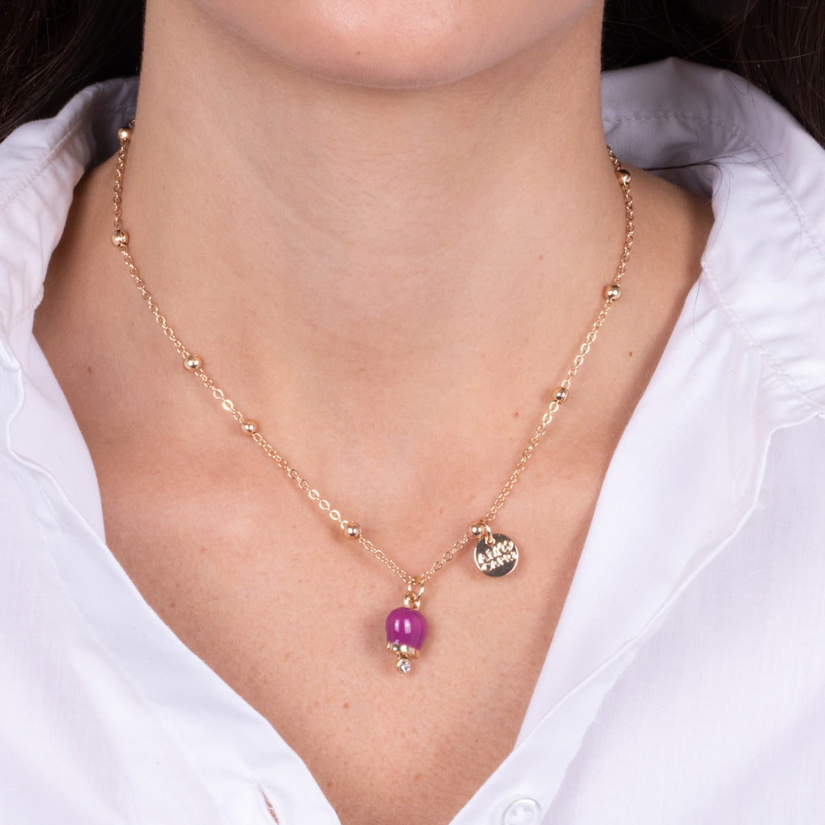 Metal necklace with pendant lucky bell, embellished with enamel and crystals