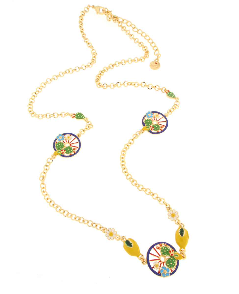 Metal necklace with blue wheels embellished with cacti, lemons and flowers