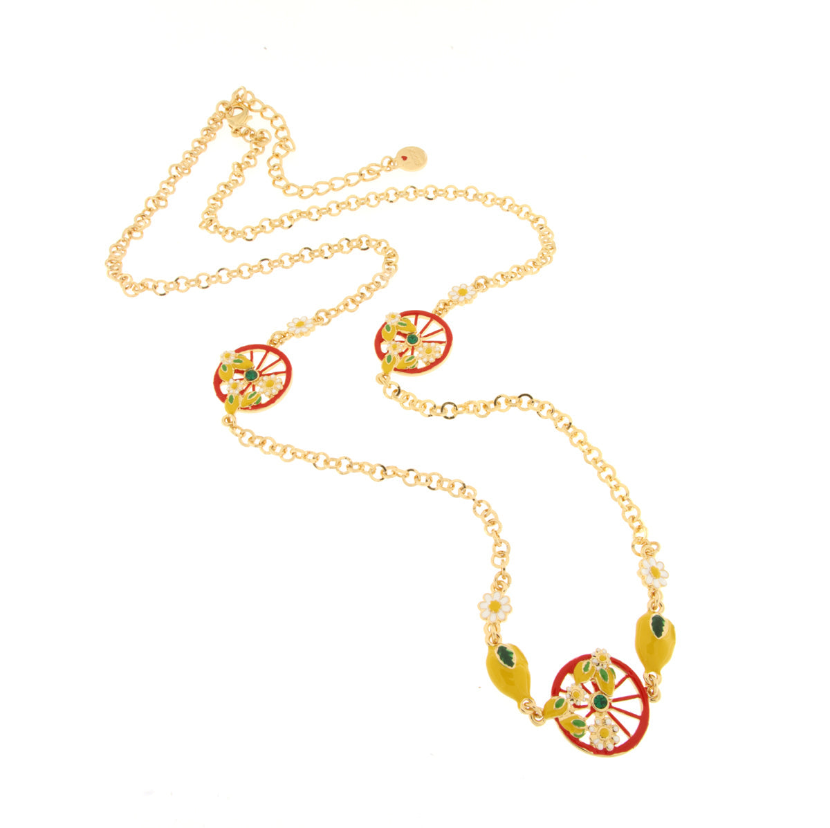 Metal necklace with red wheel embellished with lemons and flowers