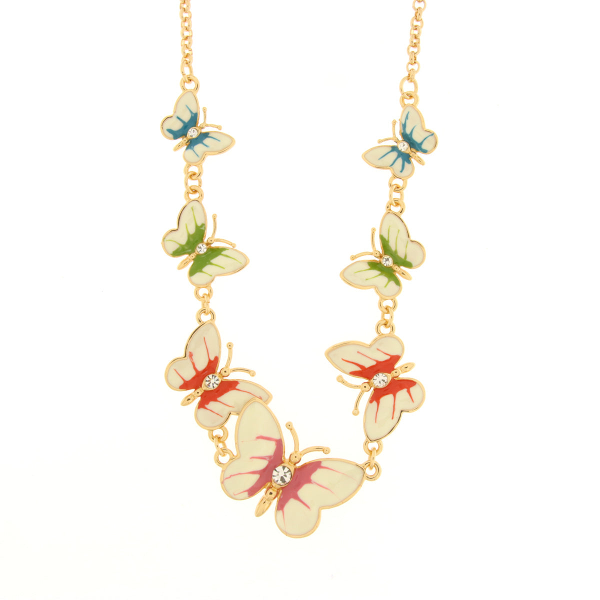Metal necklace with colored white butterflies
