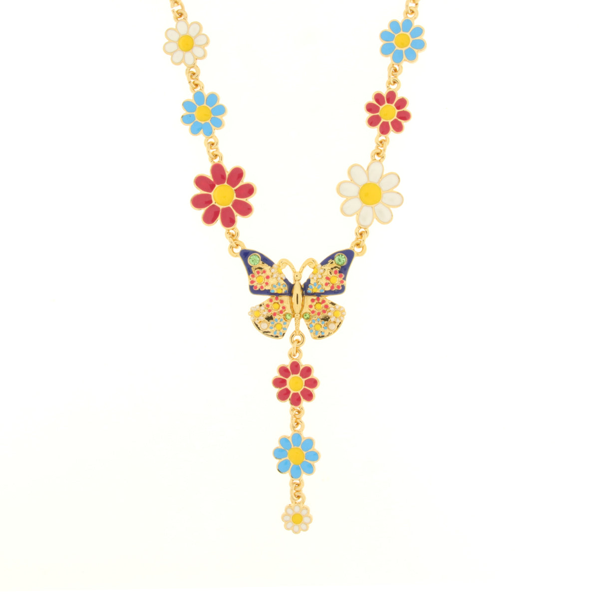 Metal necklace with butterfly and colorful flowers