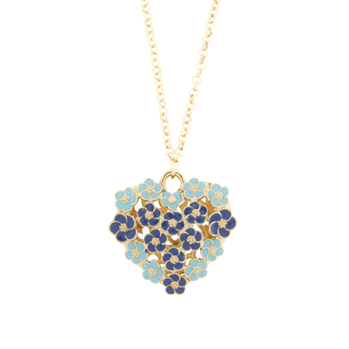 Heart metal necklace embellished with blue flowers