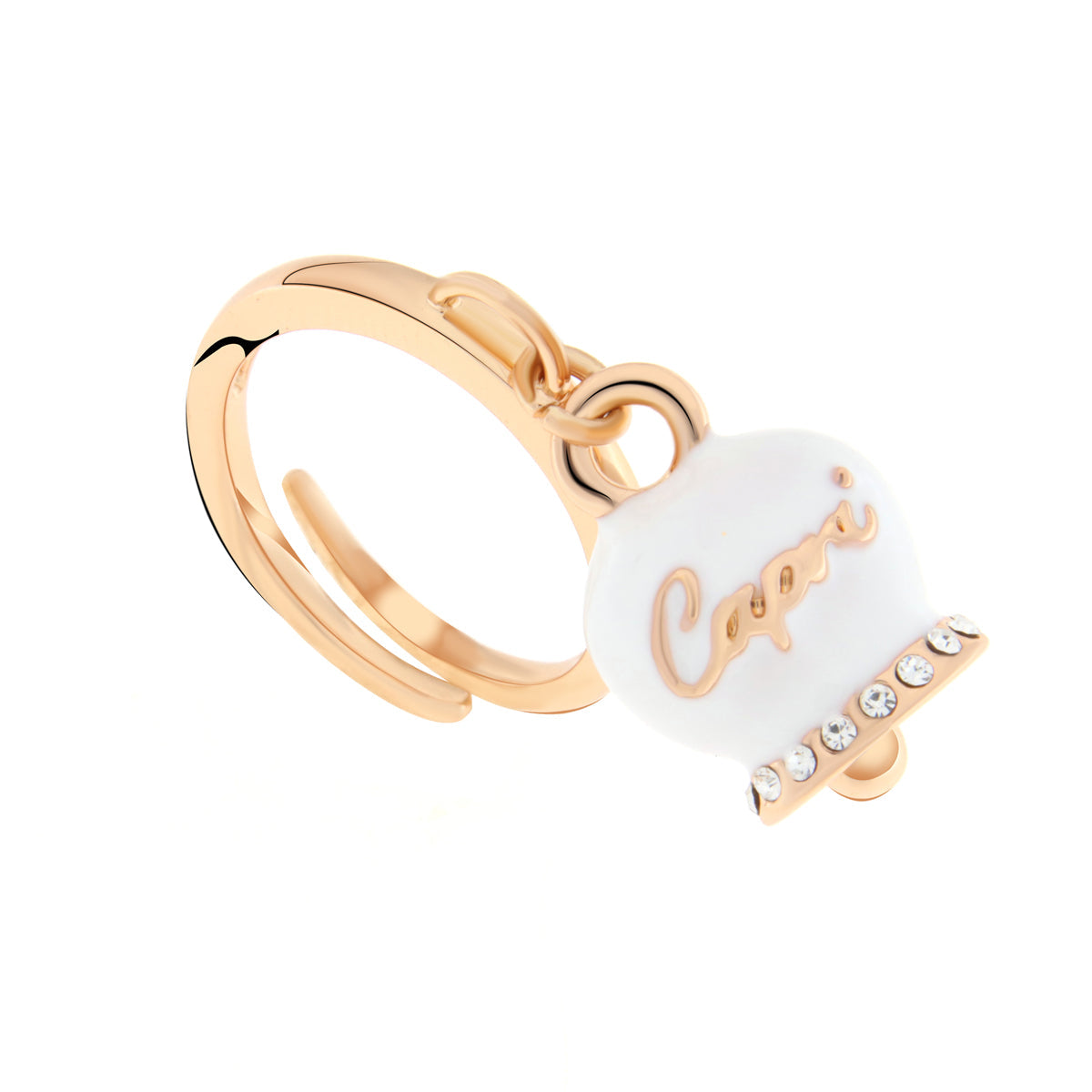 Metal ring with pendant lucky bell embellished with white enamel and crystals